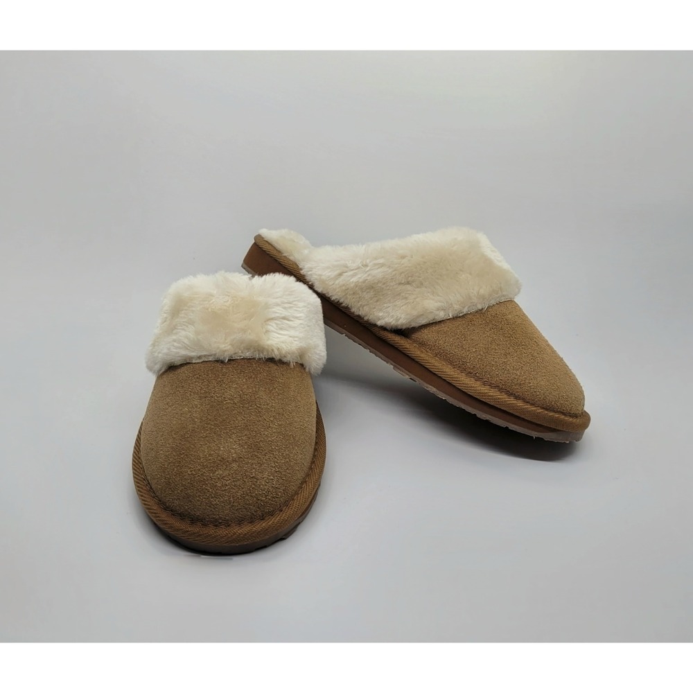 Minnetonka Chesney Tan Suede Faux Fur Scuff Slippers Womens 6M